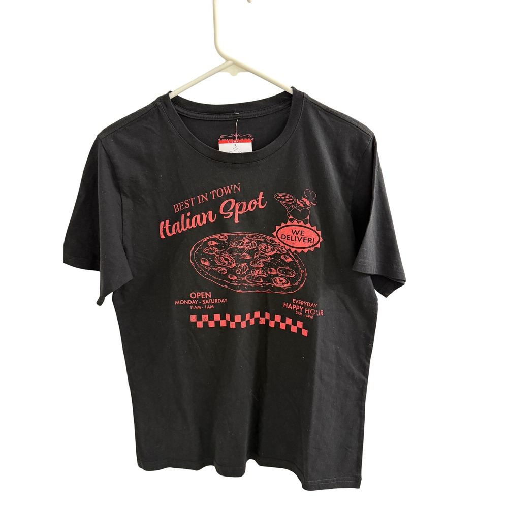 State of Mine Italian Spot Pizza Graphic Tee Black Red Womens XS New